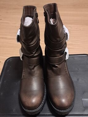 Global Win Womens Brown Mid Calf Faux Leather Boots